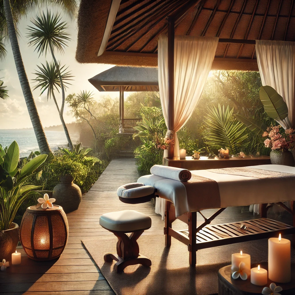 DALL·E 2025 02 24 15.04.39 A Serene And Peaceful Image Of A Luxurious Outdoor Spa Setting In Bali, With A Massage Table Surrounded By Tropical Plants, Soft Natural Lighting, And